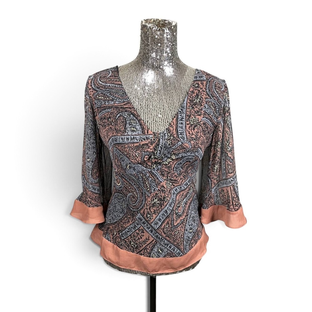 iCE 100% Silk Blouse Medium Paisley V-Neck 3/4 Bell Sleeve Y2K Whimsigoth